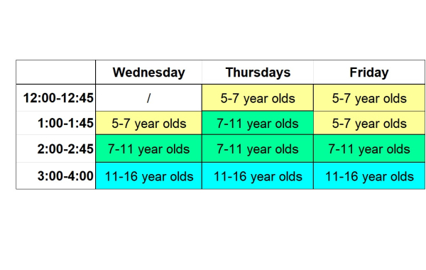 Visual calendar of days of the week sessions are offered